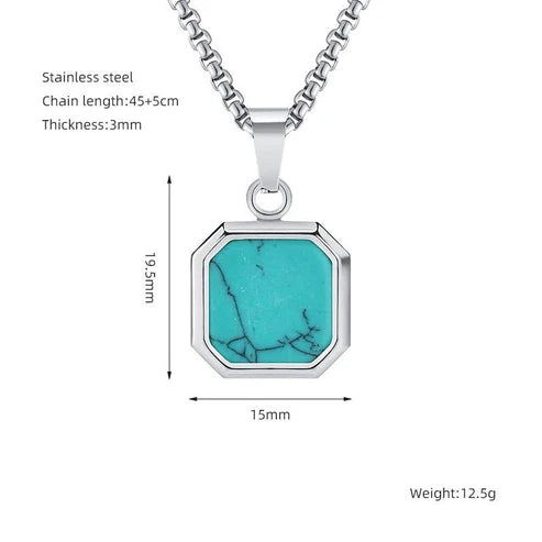 Titanium Steel Hip-hop Turquoise Square Pendant Necklace